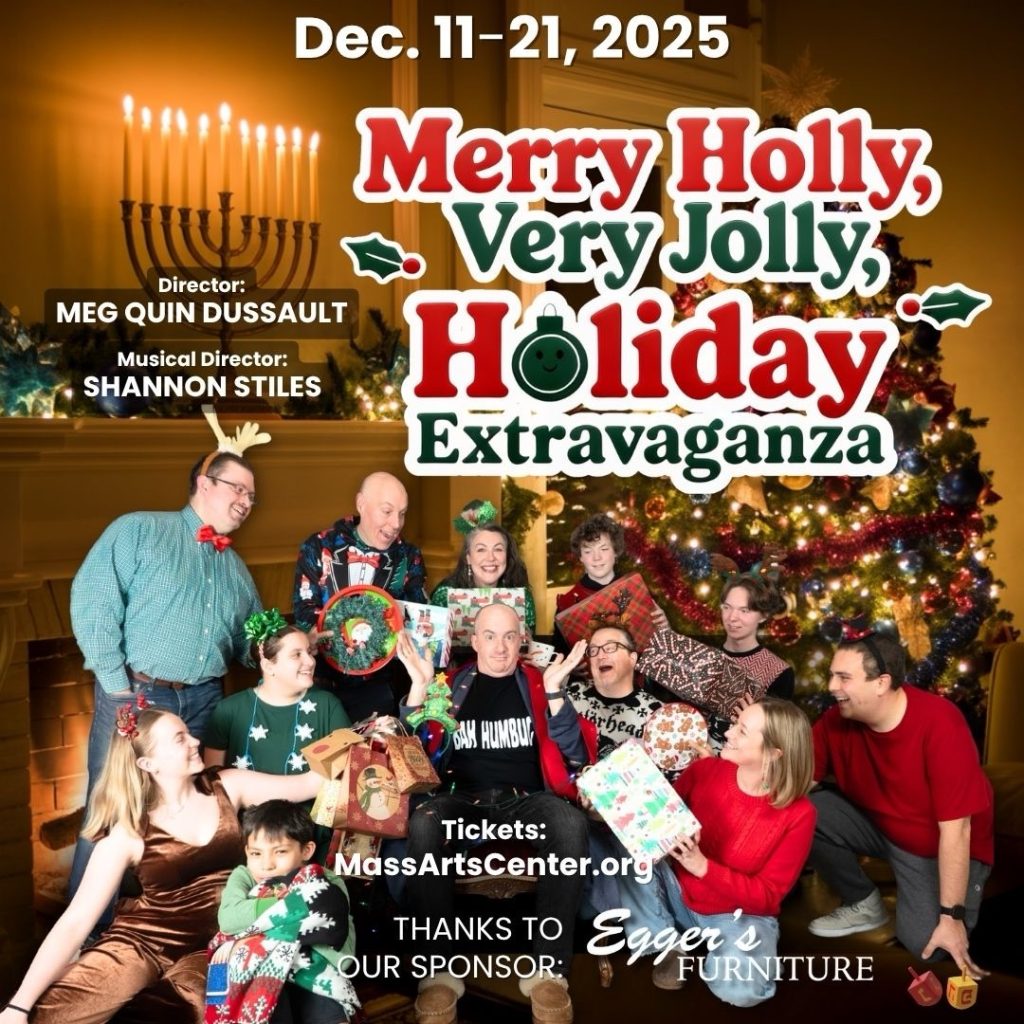 Festive group celebrating holiday cheer for Holiday Extravaganza show at the Mass Arts Center Dec. 11-21, 2025.