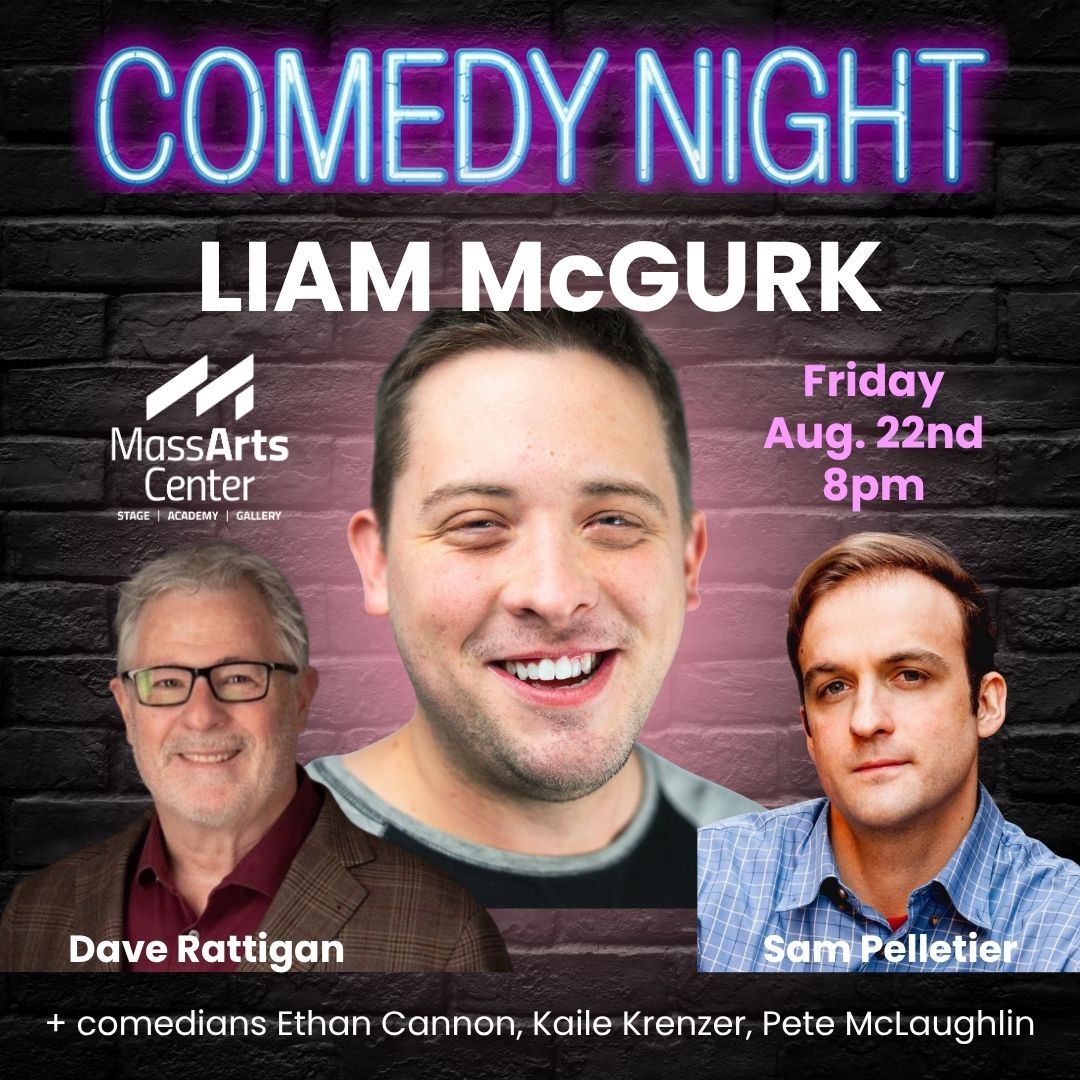 Comedy Night at MAC with Liam McGurk and others, graphic shows many people and text with their names