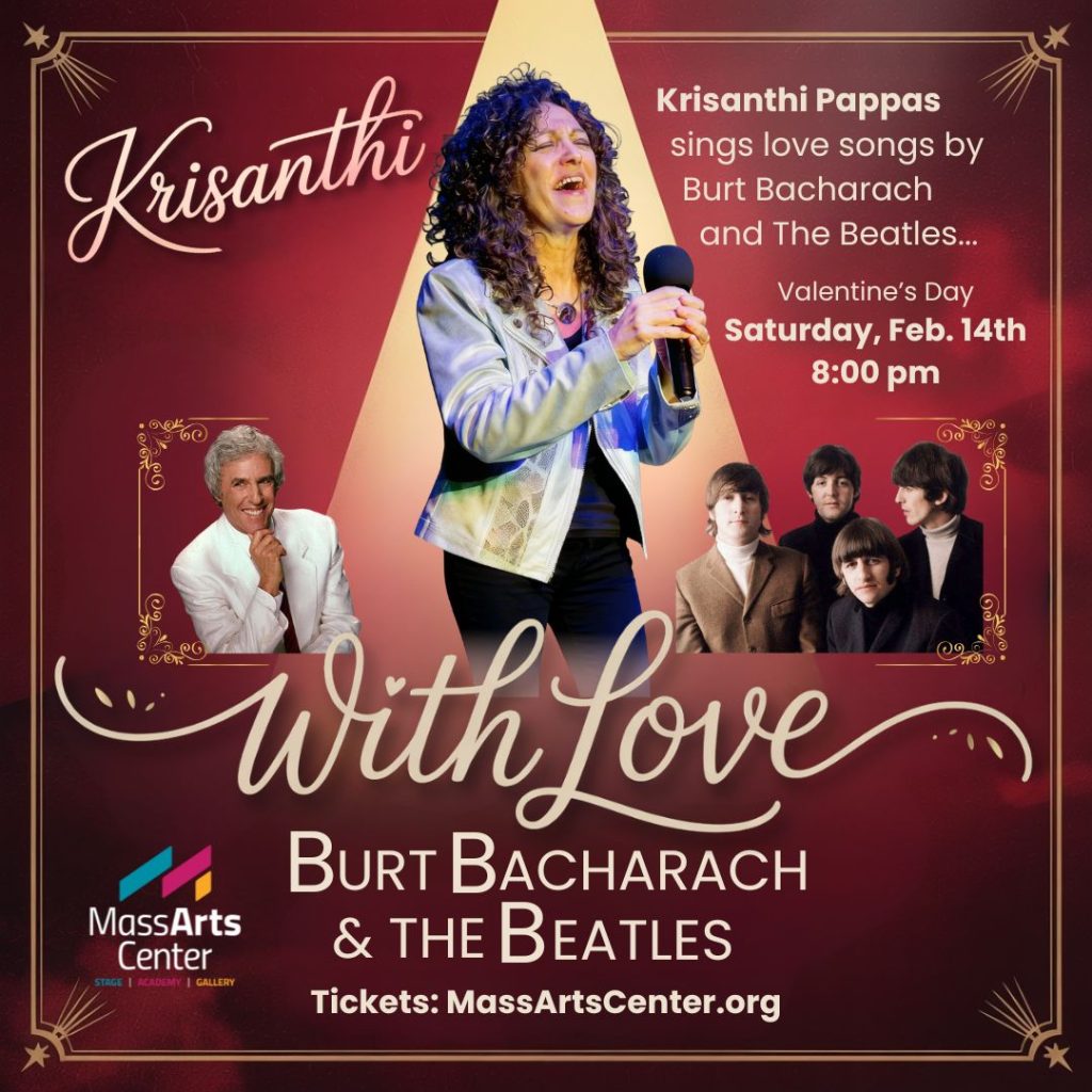 Home 9 Krisanthi Pappas concert advertisement poster. Show will feature love songs of Burt Bacharach and The Beatles.